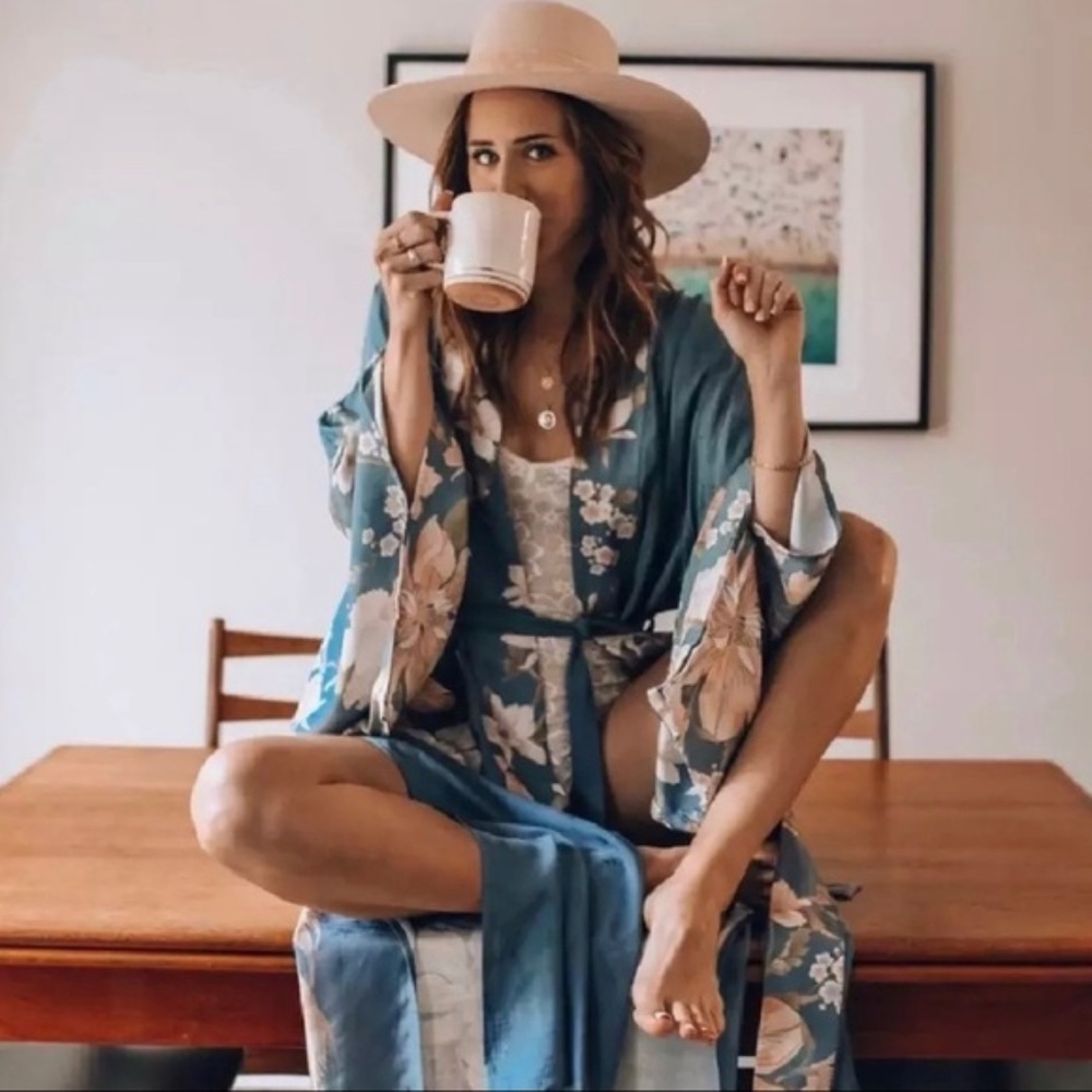 boho gypsy teal green Floral Kimono Cover up - Picture 2 of 10